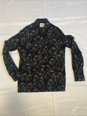 YoungLA Black Button-Up Shirt with White Abstract Face Line Print